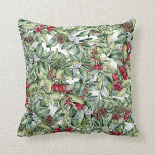 Holly Red Berries Mistletoe on White Background Cushion