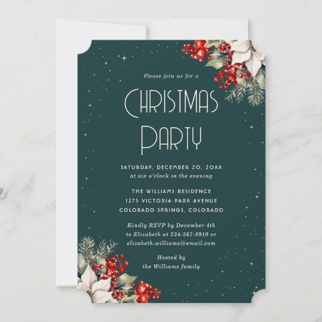 Holly Red Berries Poinsettia Green Christmas Party Invitation (Front)