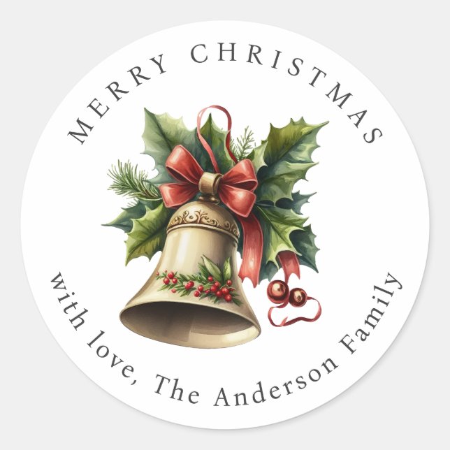 Holly Red Berries Ribbon Christmas Bell Holiday Classic Round Sticker (Front)