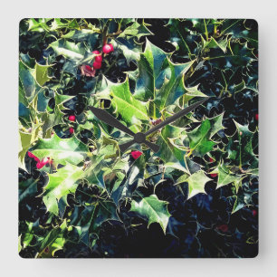 Holly , red berries square wall clock