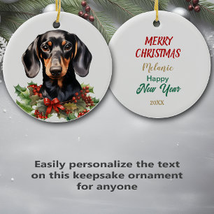Holly Red Berry Black Tan Dachshund Dog Ceramic Tree Decoration