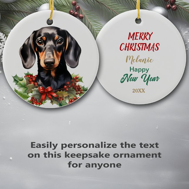Holly Red Berry Black Tan Dachshund Dog Ceramic Tree Decoration (Creator Uploaded)