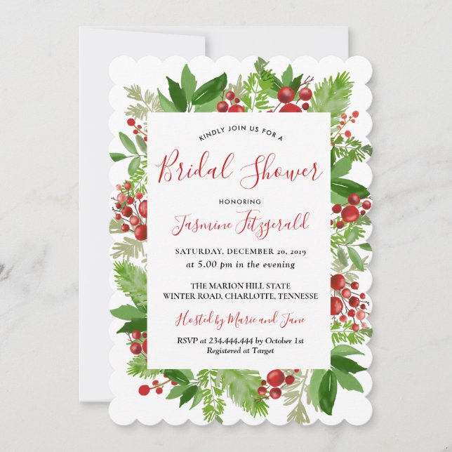 Holly Red Berry Christmas Modern | Bridal Shower Invitation (Front)