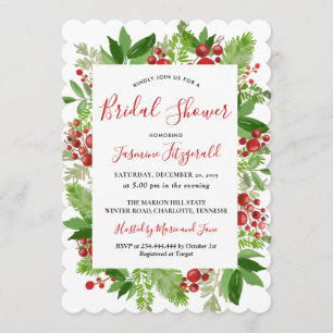 Holly Red Berry Christmas Modern   Bridal Shower Invitation