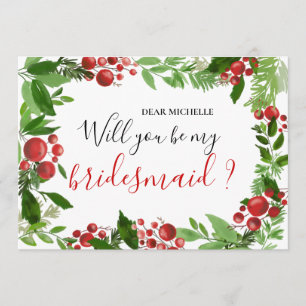 Holly Red Berry Christmas Modern   Bridesmaid Invitation