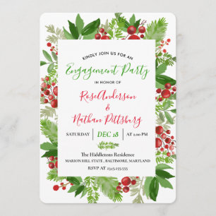 Holly Red Berry Christmas Modern Engagement Party Invitation
