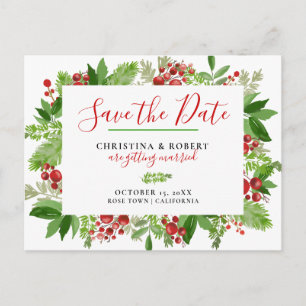 Holly Red Berry Christmas Modern Save The Date Announcement Postcard