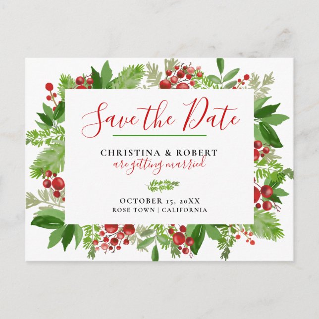 Holly Red Berry Christmas Modern | Save The Date Announcement Postcard (Front)