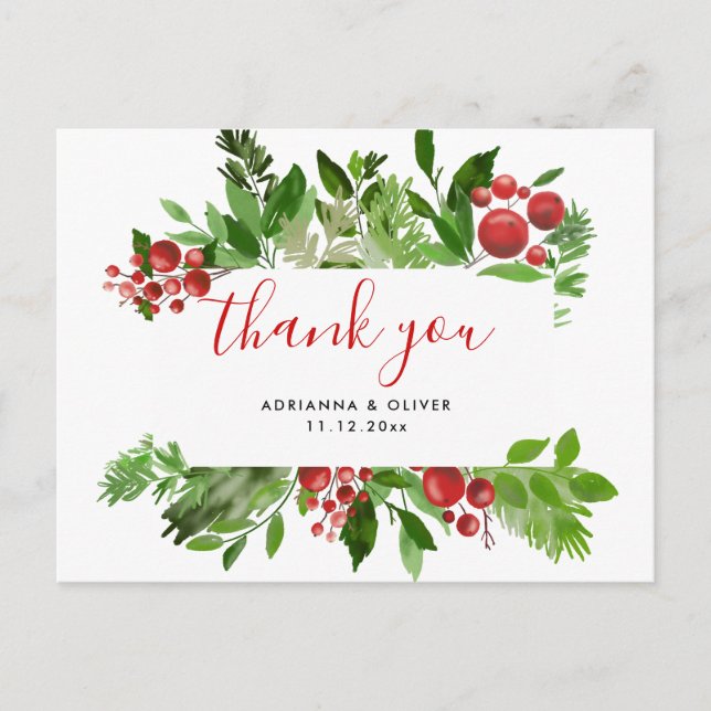 Holly Red Berry Christmas Modern Wedding Thank You Postcard (Front)