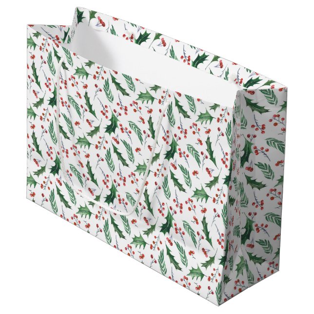Holly Red Berry Christmas Pattern Large Gift Bag (Front Angled)