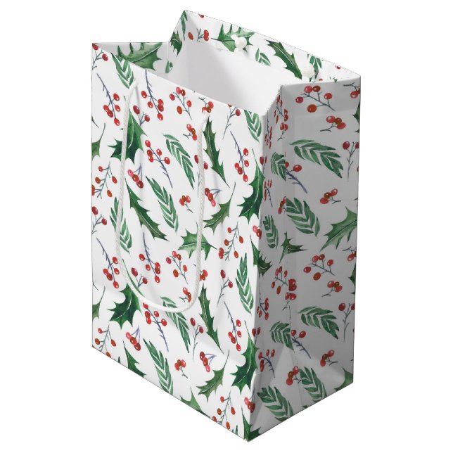Holly Red Berry Christmas Pattern Medium Gift Bag (Front Angled)
