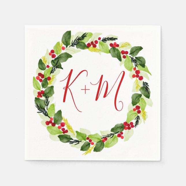 Holly Red Berry Christmas Wedding Monogram Napkin (Front)