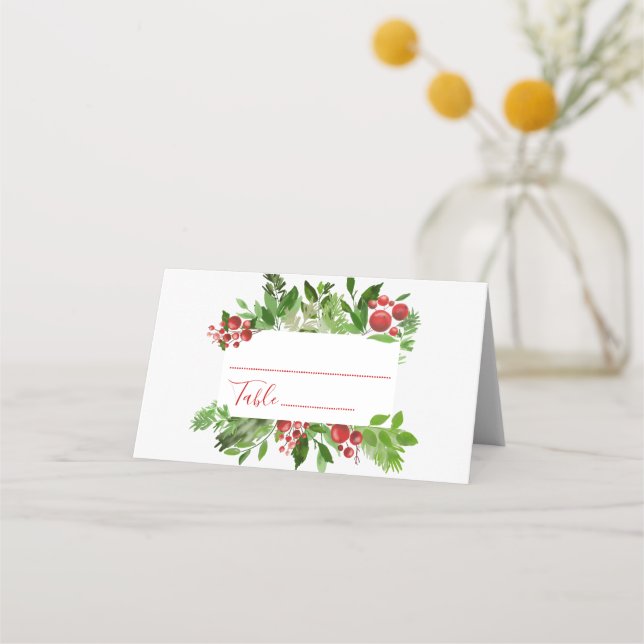 Holly Red Berry Christmas Wedding Place Card (Front)