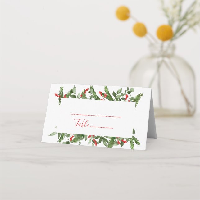 Holly Red Berry Christmas Wedding  Place Card (Front)