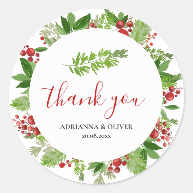 Holly Red Berry Christmas Wedding Thank You Classic Round Sticker (Front)