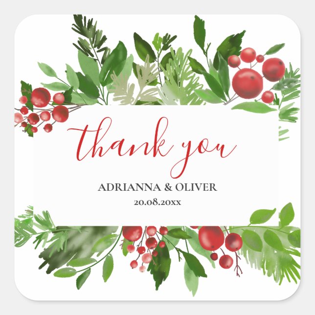 Holly Red Berry Christmas Wedding Thank You Square Sticker (Front)