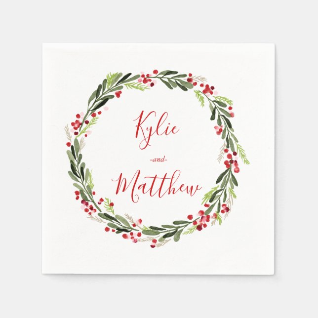 Holly Red Berry Christmas Wreath Wedding Monogram Napkin (Front)