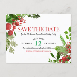 Holly   Red Berry Holiday Party Save The Date Announcement Postcard