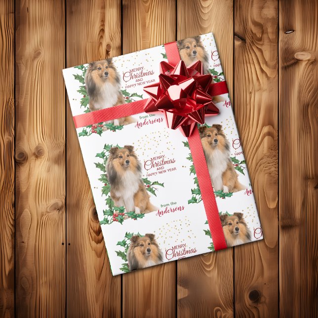 Holly Red Berry Shetland Sheepdog Christmas Wrapping Paper (Creator Uploaded)