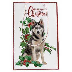 Holly Red Berry Siberian Husky Dog Christmas Medium Gift Bag