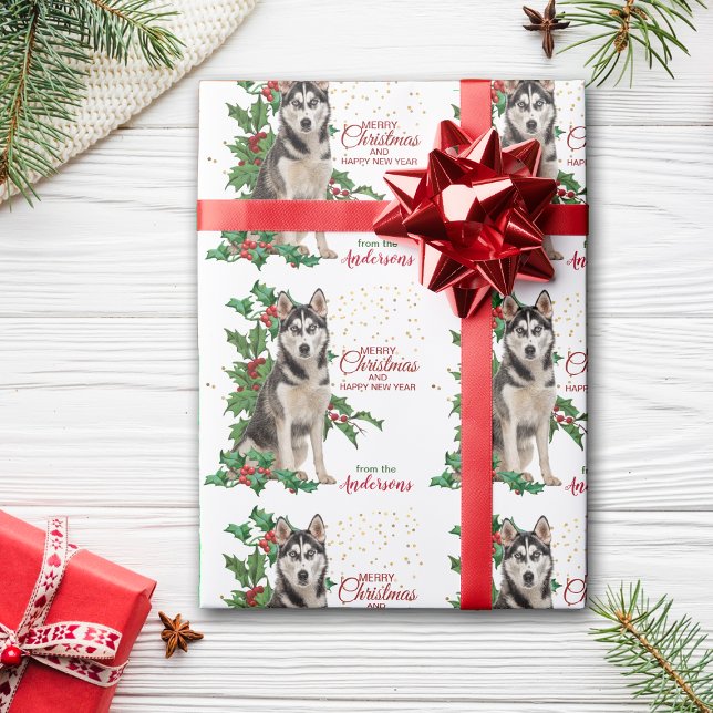 Holly Red Berry Siberian Husky Dog Christmas Wrapping Paper (Creator Uploaded)