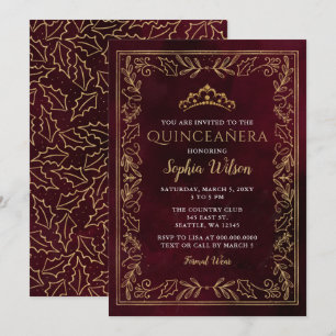 Holly Red Gold Princess Tiara Quinceañera Invitation
