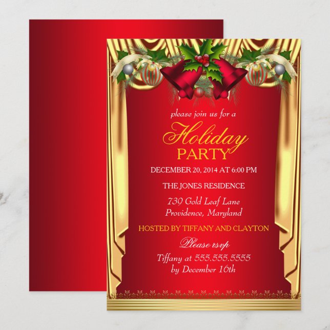Holly Red Gold Silk Christmas Holiday Party Invitation (Front/Back)