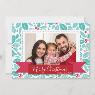 Holly Red Ribbon Merry Christmas Family Photo Holiday Card