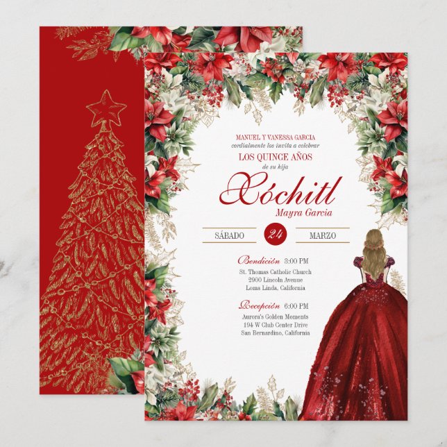 Holly Red White Green Winter Holiday Quinceañera Invitation (Front/Back)