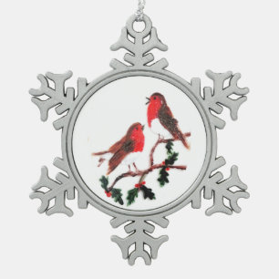 Holly Robin Festive Art Snowflake Pewter Christmas Ornament