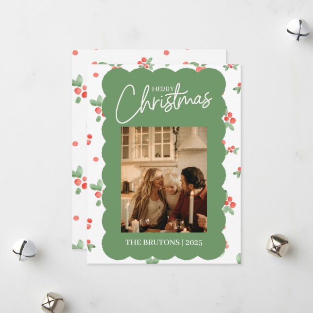 Holly Scallop Photo Christmas Card (Front/Back In Situ)