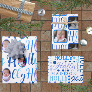 HOLLY Script Blue On White 4 Photo Christmas Wrapping Paper Sheet