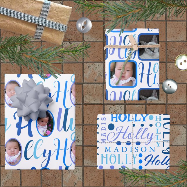 HOLLY Script Blue On White 4 Photo Christmas Wrapping Paper Sheet (Creator Uploaded)