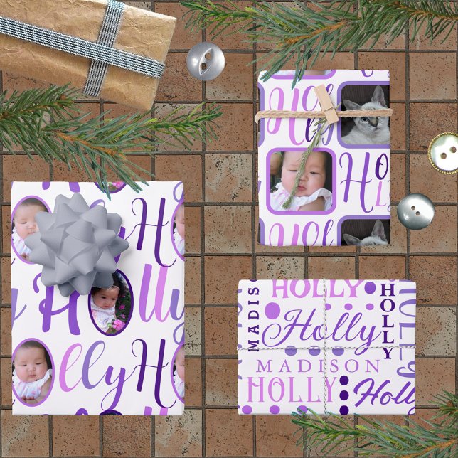 HOLLY Script Purple On White 4 Photo Christmas Wrapping Paper Sheet (Creator Uploaded)