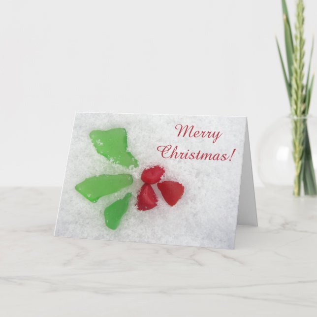 Holly Sea Glass on Snow - Christian/Catholic Holiday Card (Front)