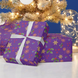 Holly & Snowflakes on Royal Purple Christmas Wrapping Paper