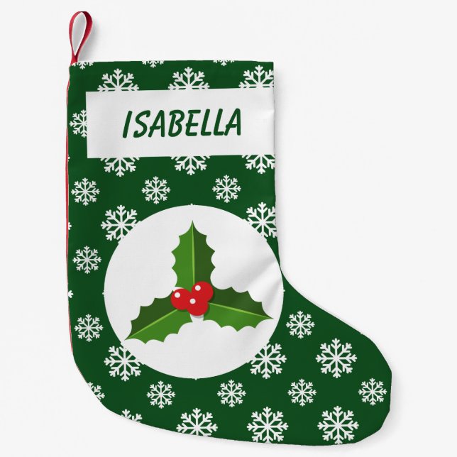 Holly Snowflakes Personalised Green Small Christmas Stocking (Front)