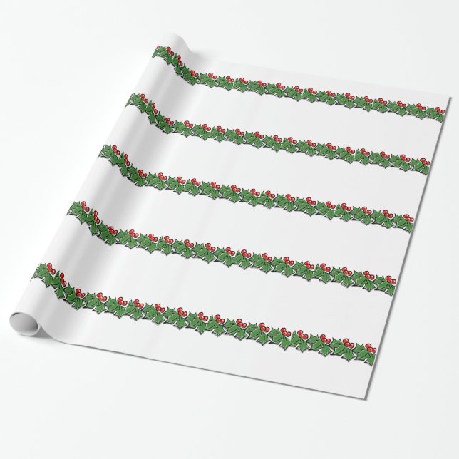 Holly Sprigs, festive Christmas green red greenery Wrapping Paper (Unrolled)