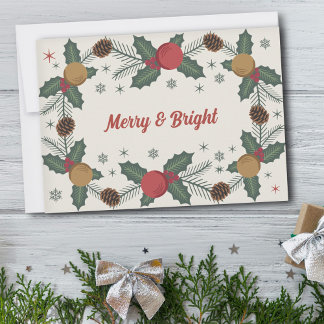 Holly Sprigs & Pine Cones - Merry & Bright Holiday Card