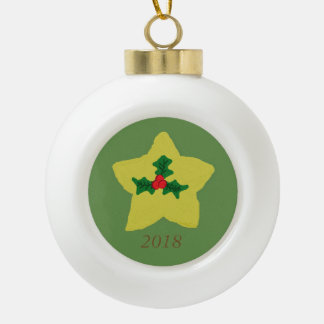 Holly Star Ceramic Ball Christmas Ornament