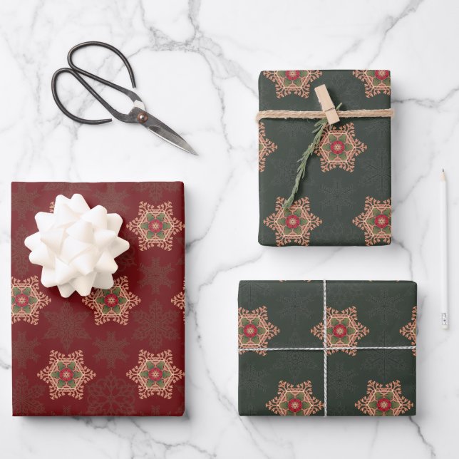 Holly Star Wrapping Paper 1 Red and 2 Green Pieces (Front)