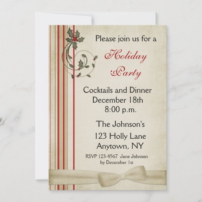 Holly Stripes Holiday Party Invitation (Front)
