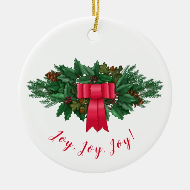 Holly Swag | Red Bow Christmas Ceramic Tree Decoration (Front)