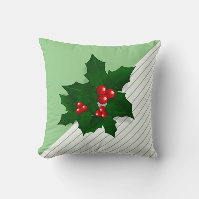 Holly Tree Berries Christmas Holiday Stripe Cushion (Front)