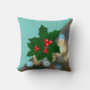 Holly Tree Berries Christmas Holiday Stripe Cushion