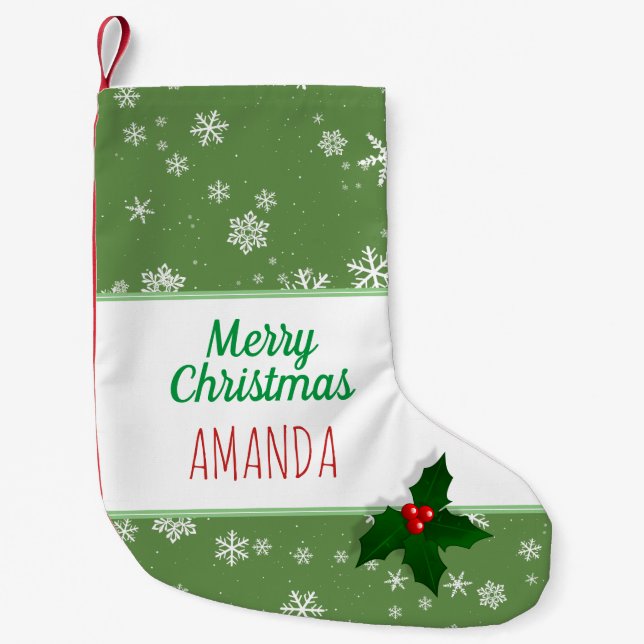Holly Tree Berry Green Snowflakes Name Christmas Small Christmas Stocking (Front)