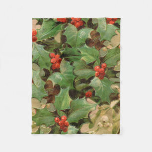 Holly Tree Christmas Holiday Vintage Fleece Blanket