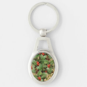 Holly Tree Christmas Holiday Vintage Key Ring