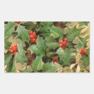 Holly Tree Christmas Holiday Vintage Rectangular Sticker
