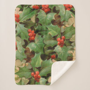 Holly Tree Christmas Holiday Vintage Sherpa Blanket